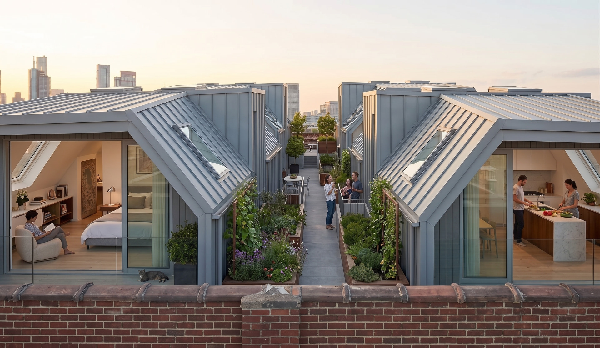 Two finished rooftop homes with planted walkways between them, residents relaxing and cooking with city skyline behind
