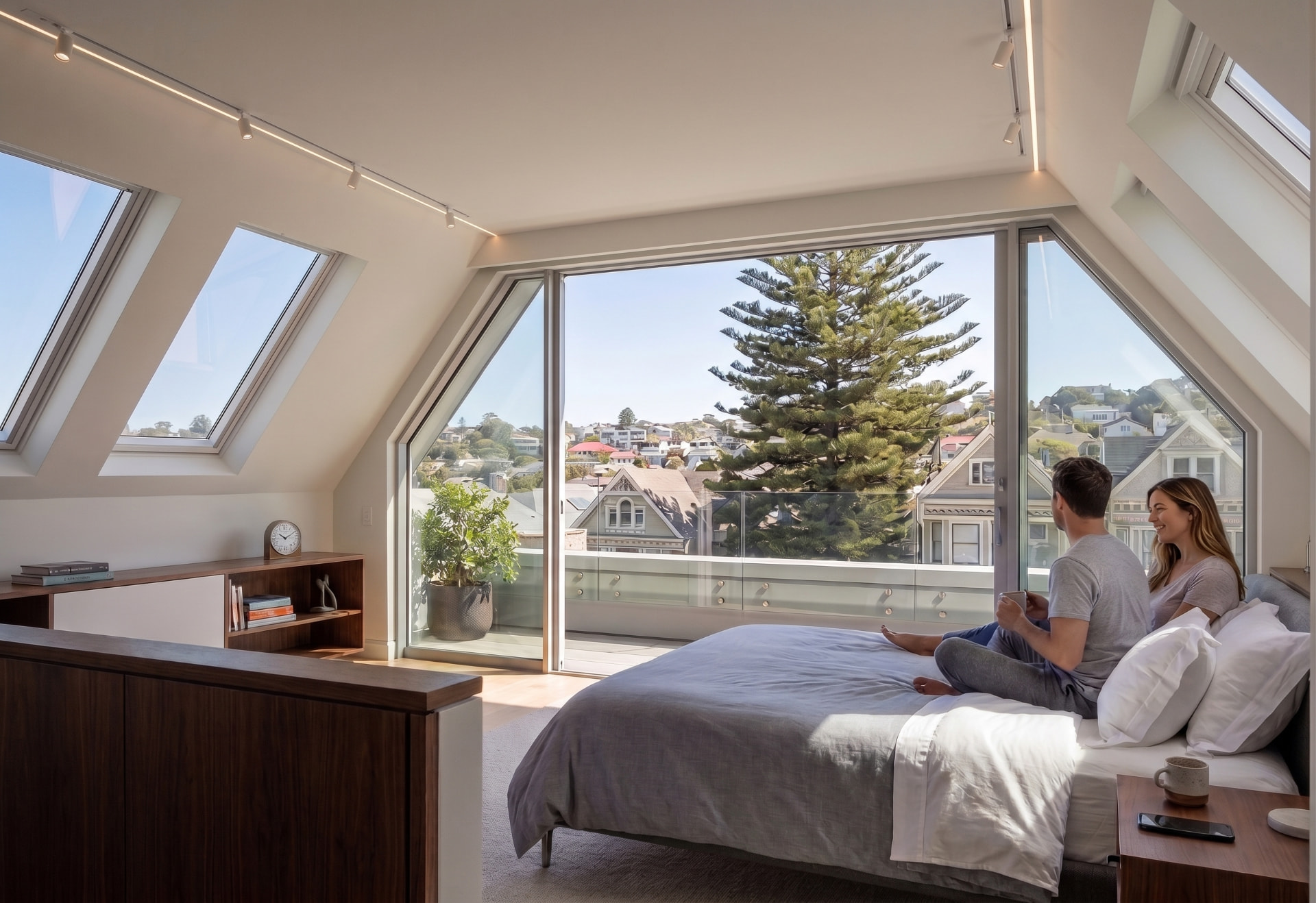 Bedroom interior with angled skylights and a view over rooftops