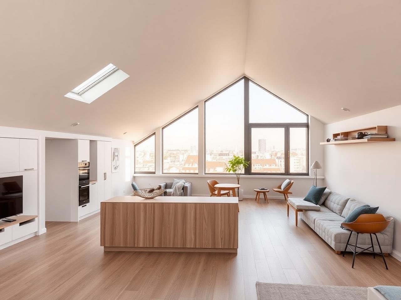 Open-plan living and kitchen inside an 80m² rooftop home with daylight dormers