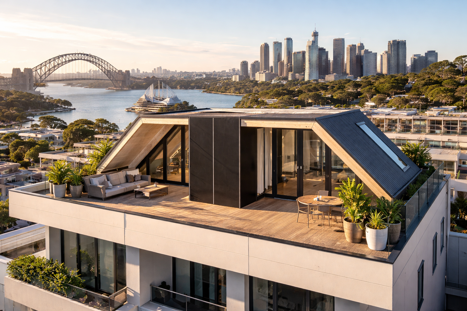 Modern rooftop homes with timber deck and outdoor living space overlooking Sydney Harbour