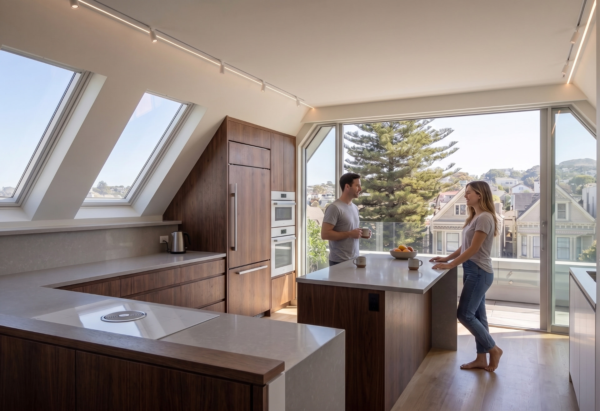 Open-plan kitchen with walnut joinery, stone island and angled skylights