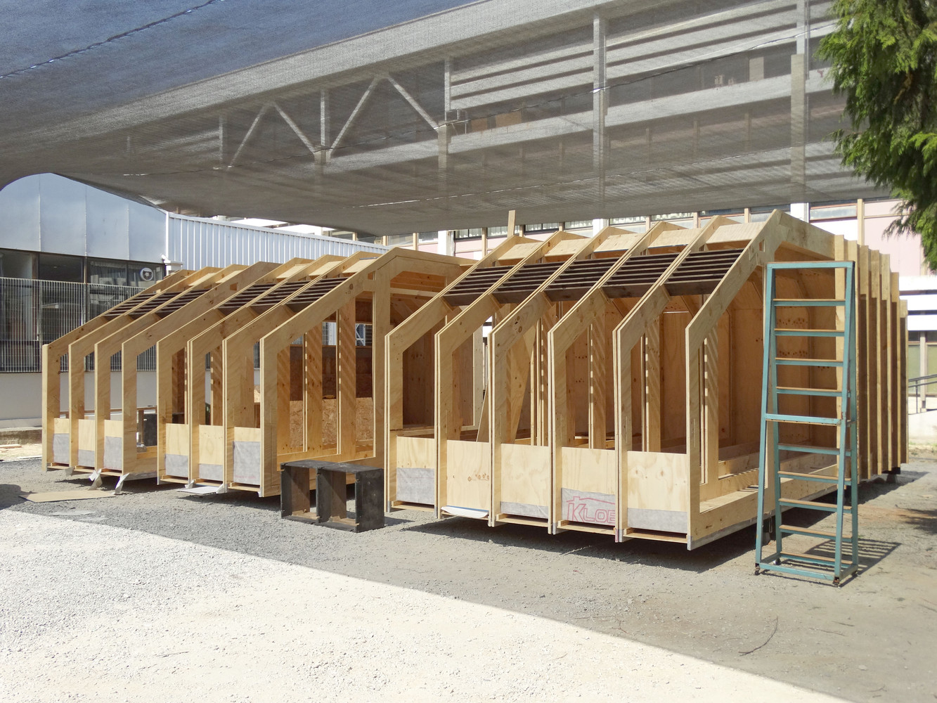 Timber structural frames for rooftop home modules staged outside before assembly