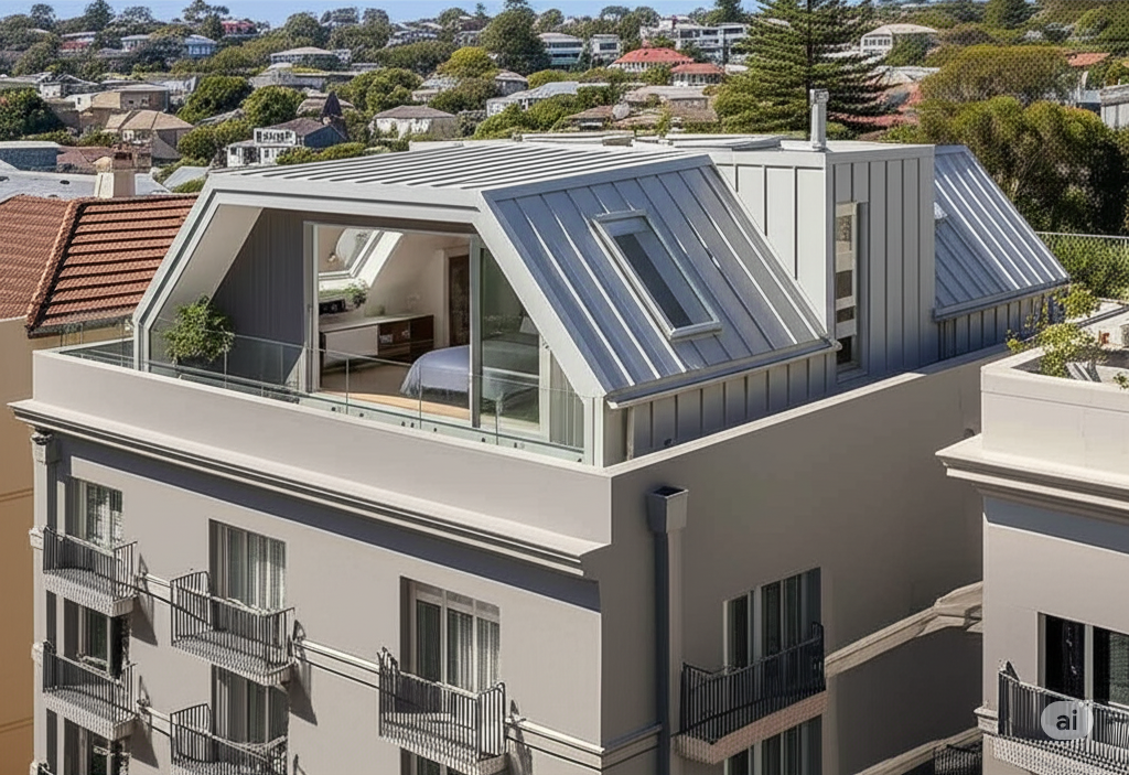 Modular rooftop homes installed on an apartment building, typical of Melbourne inner-city stock