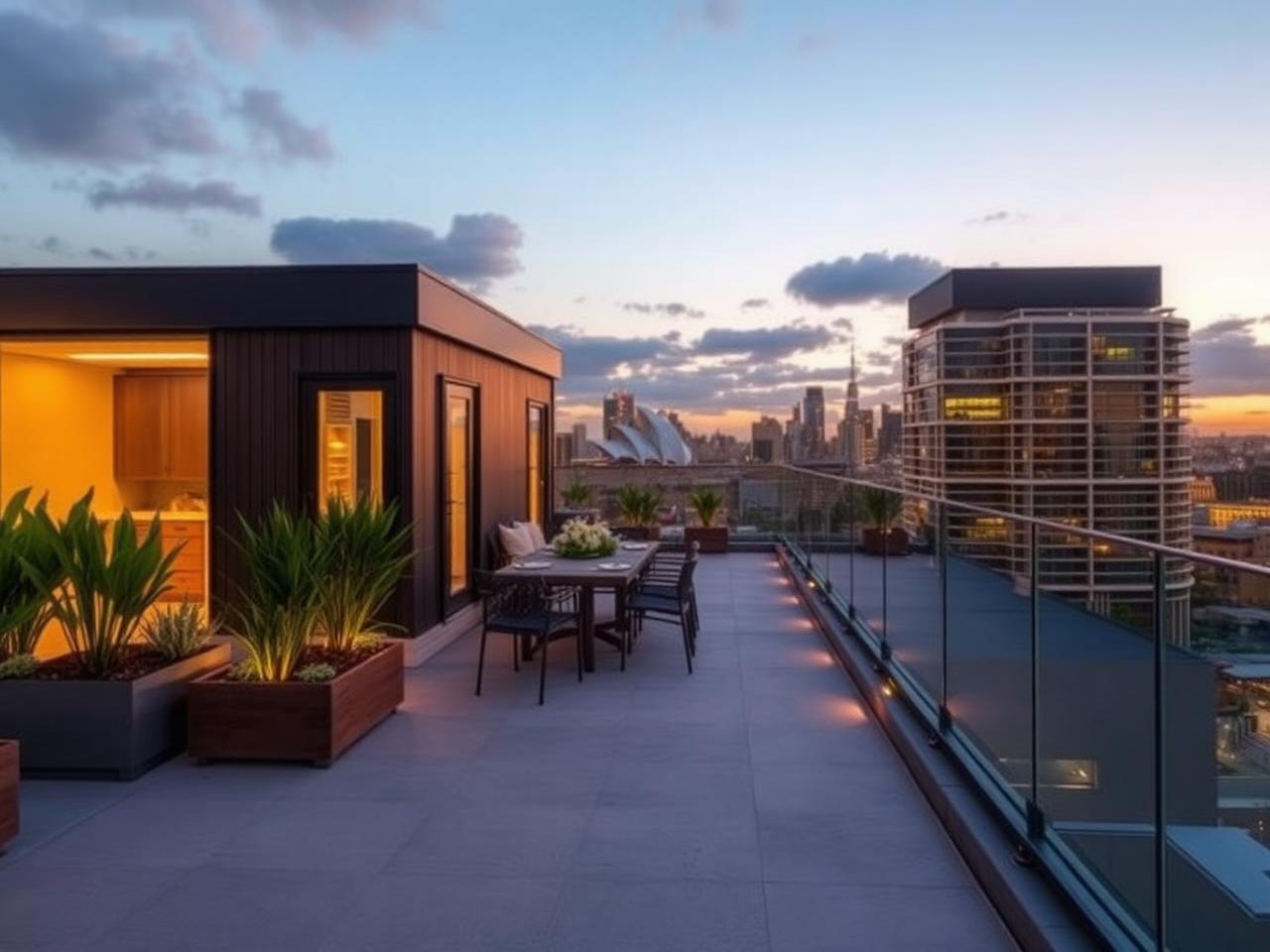 Rooftop terrace of a modular homes overlooking an inner-city skyline at dusk