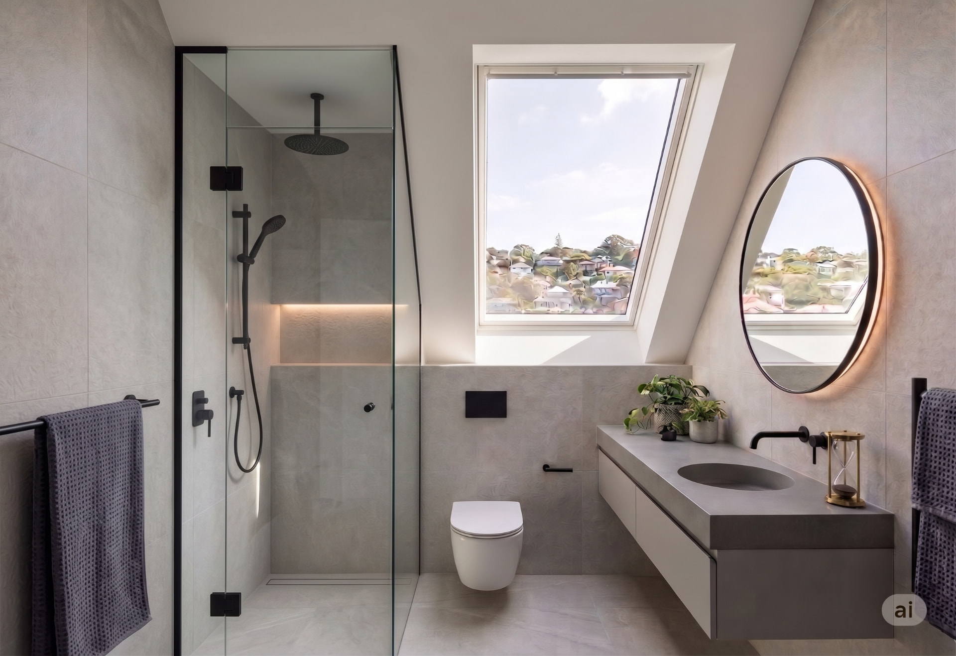Bathroom with frameless shower, skylight and rooftop outlook