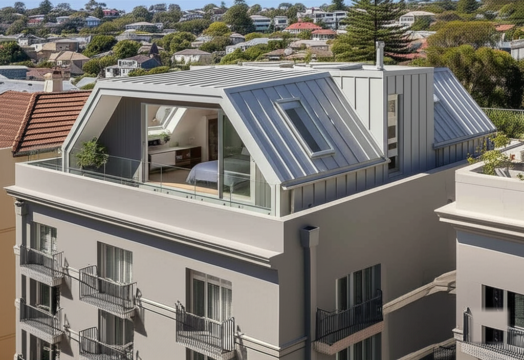 Modular rooftop homes with skylights and glass balustrades installed on top of an existing apartment building